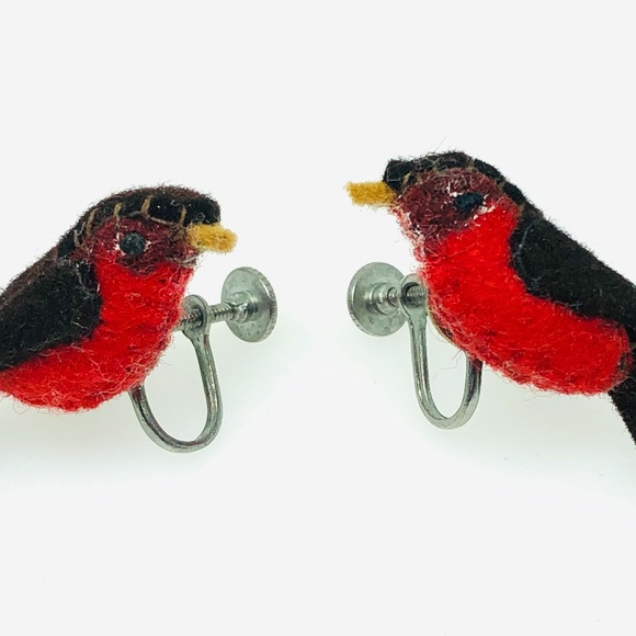 Vintage 3D Red Bird Handcrafted Fabric Earrings - Picture 6 of 8
